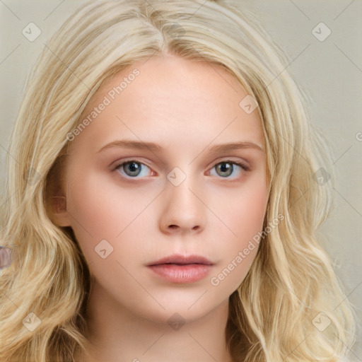 Neutral white young-adult female with long  blond hair and blue eyes