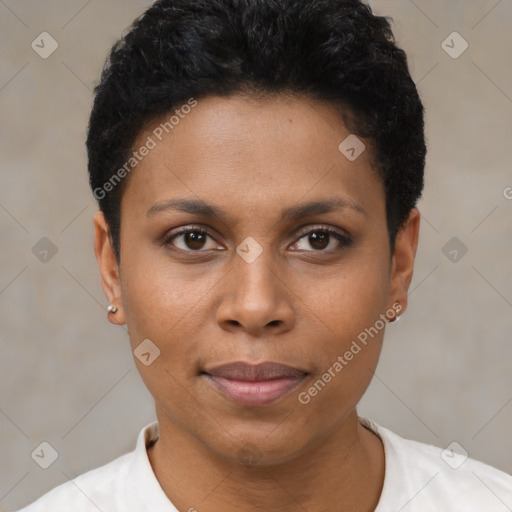 Joyful black young-adult female with short  black hair and brown eyes