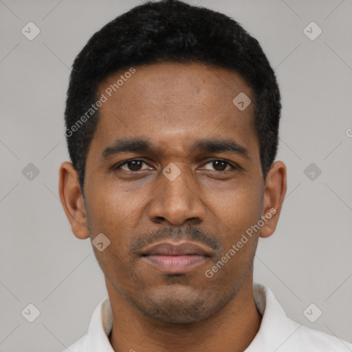 Neutral latino young-adult male with short  black hair and brown eyes