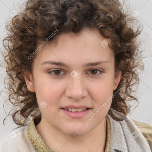 Joyful white child female with medium  brown hair and brown eyes