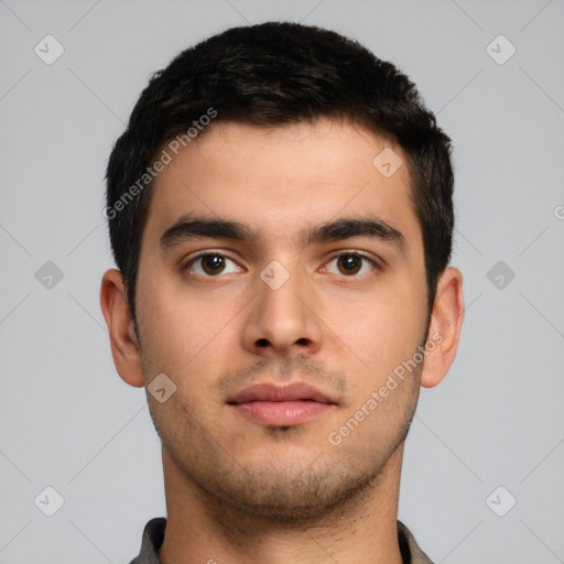 Neutral white young-adult male with short  brown hair and brown eyes