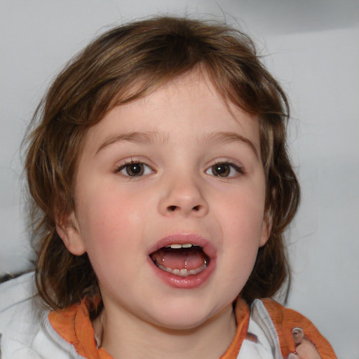 Joyful white child female with medium  brown hair and blue eyes