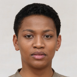 Neutral black young-adult female with short  black hair and brown eyes