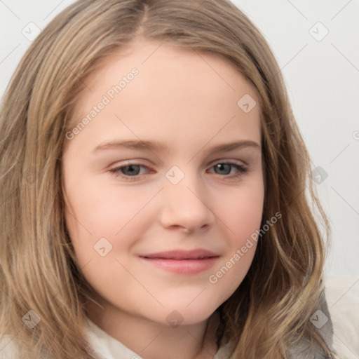 Joyful white child female with medium  brown hair and brown eyes