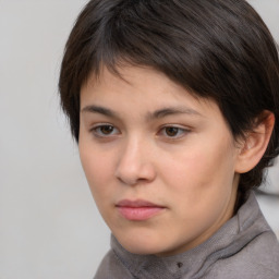 Neutral white young-adult female with short  brown hair and brown eyes