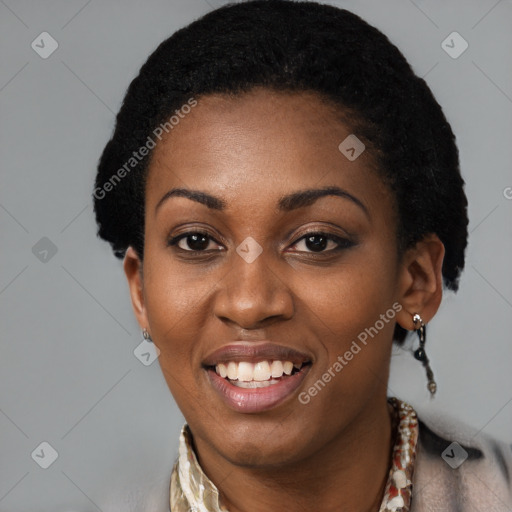 Joyful latino young-adult female with short  black hair and brown eyes