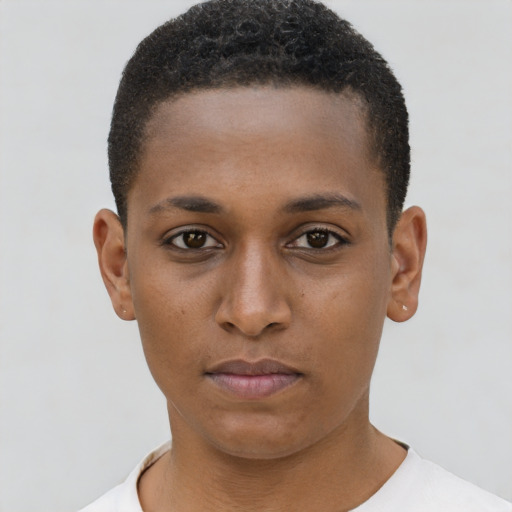 Neutral black young-adult female with short  brown hair and brown eyes