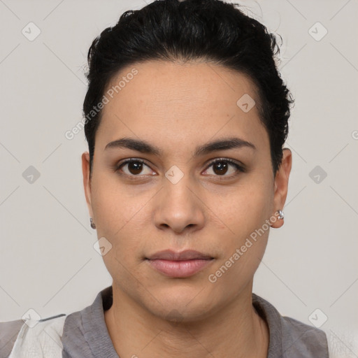 Neutral latino young-adult female with short  black hair and brown eyes