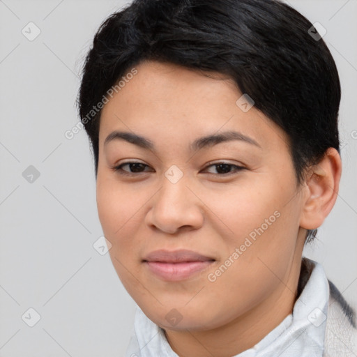 Joyful asian young-adult female with short  brown hair and brown eyes