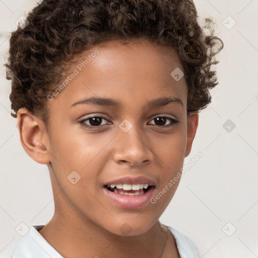 Joyful white child female with short  brown hair and brown eyes