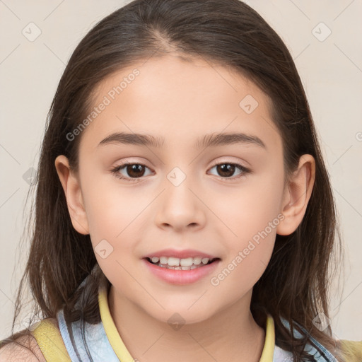 Joyful white child female with medium  brown hair and brown eyes