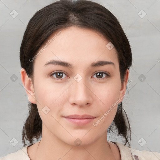 Neutral white young-adult female with medium  brown hair and brown eyes