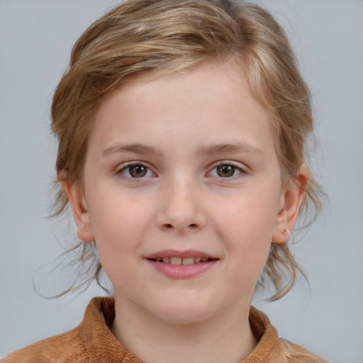 Joyful white child female with medium  brown hair and brown eyes