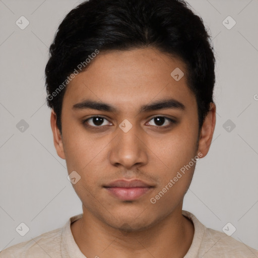 Neutral latino young-adult male with short  black hair and brown eyes