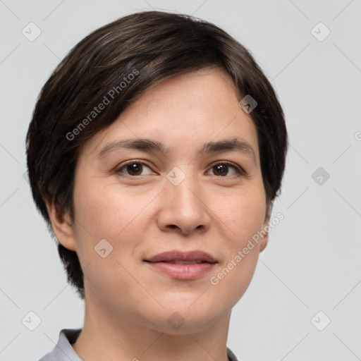 Joyful white young-adult female with medium  brown hair and brown eyes