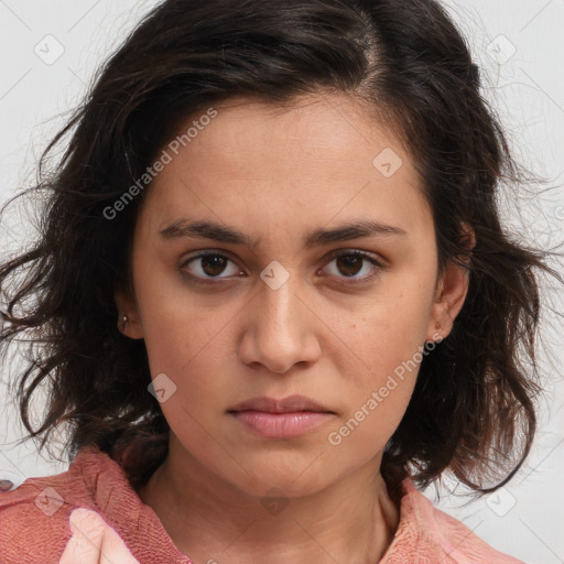 Neutral white young-adult female with medium  brown hair and brown eyes