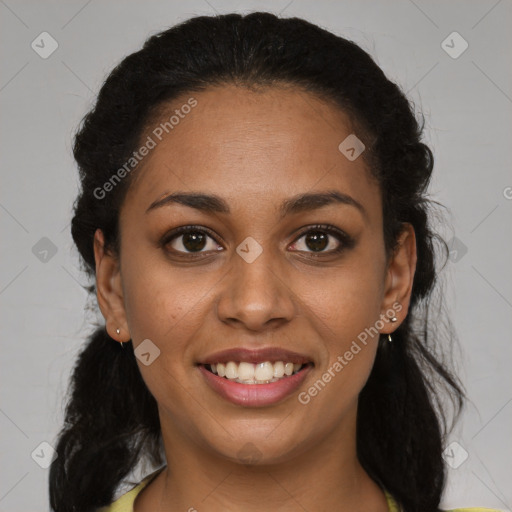 Joyful black young-adult female with medium  brown hair and brown eyes