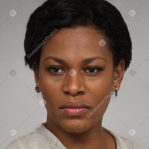 Neutral latino young-adult female with short  black hair and brown eyes