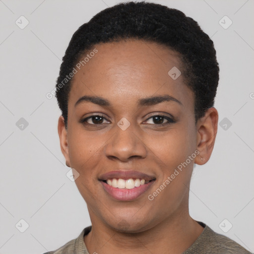 Joyful black young-adult female with short  black hair and brown eyes