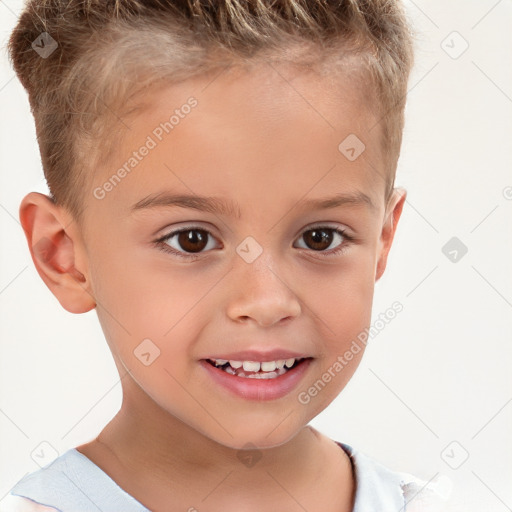 Joyful white child male with short  brown hair and brown eyes