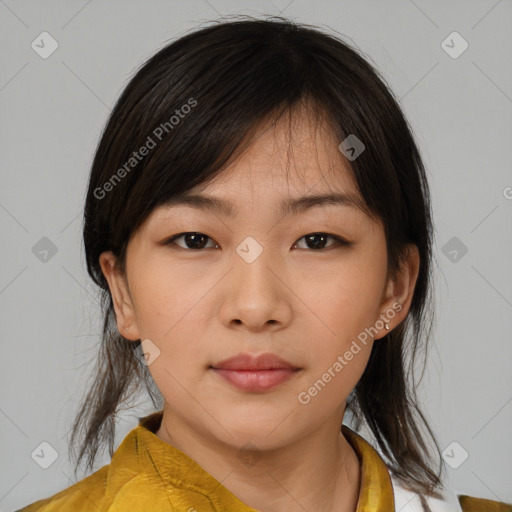 Neutral white young-adult female with medium  brown hair and brown eyes