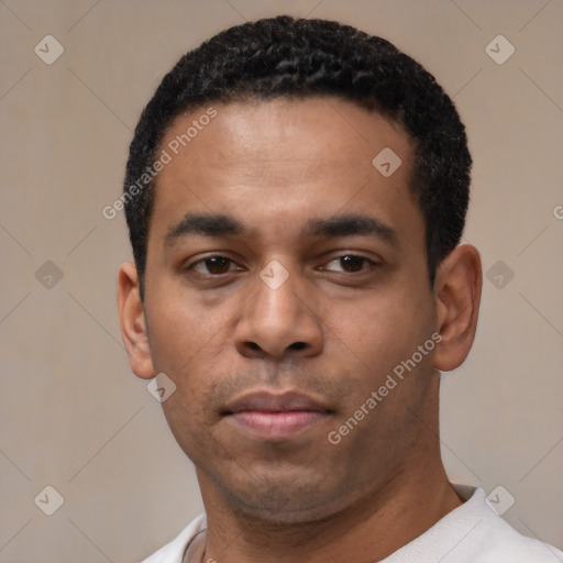 Neutral latino young-adult male with short  black hair and brown eyes