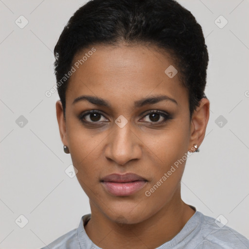 Joyful latino young-adult female with short  brown hair and brown eyes