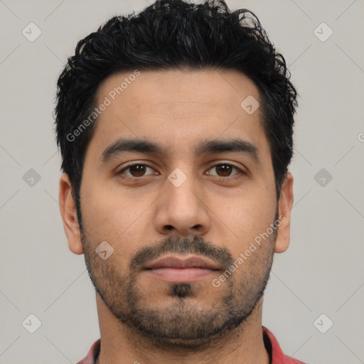 Neutral latino young-adult male with short  black hair and brown eyes