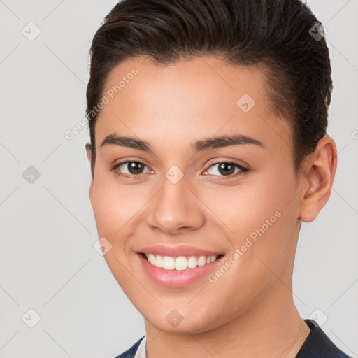 Joyful white young-adult female with short  brown hair and brown eyes