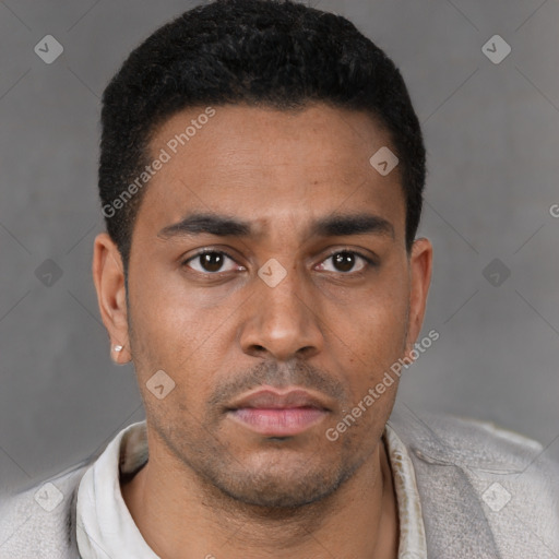 Neutral latino young-adult male with short  black hair and brown eyes