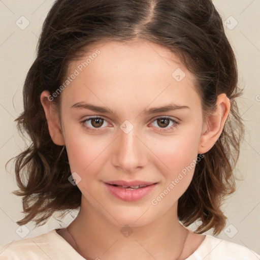 Joyful white child female with medium  brown hair and brown eyes