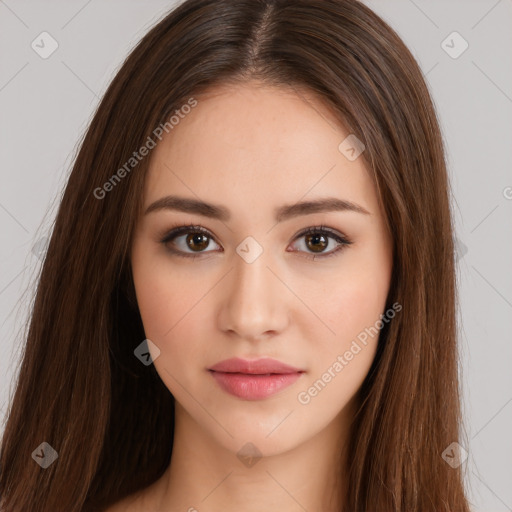 Neutral white young-adult female with long  brown hair and brown eyes