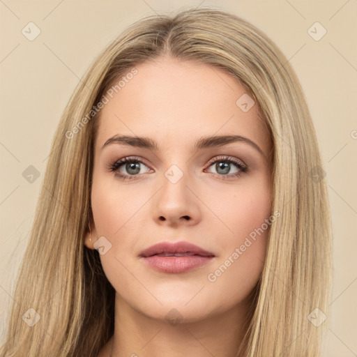 Neutral white young-adult female with long  brown hair and brown eyes