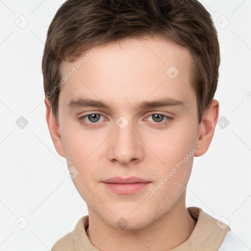 Neutral white young-adult male with short  brown hair and brown eyes