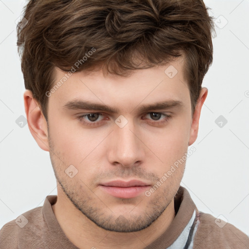 Neutral white young-adult male with short  brown hair and grey eyes