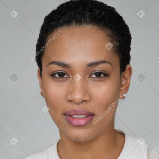 Joyful black young-adult female with short  black hair and brown eyes