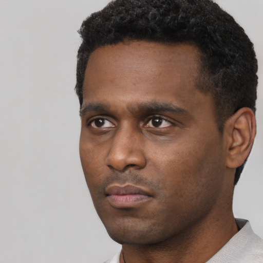 Neutral black young-adult male with short  black hair and brown eyes