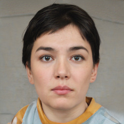 Neutral white young-adult female with short  brown hair and brown eyes