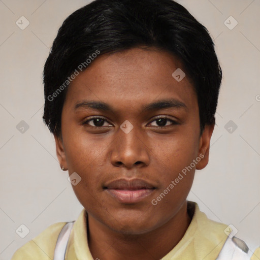 Neutral asian young-adult female with short  black hair and brown eyes