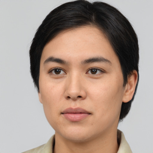 Neutral asian young-adult female with medium  black hair and brown eyes