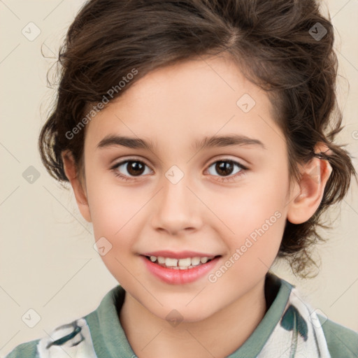 Joyful white child female with medium  brown hair and brown eyes