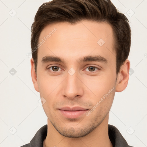 Neutral white young-adult male with short  brown hair and brown eyes