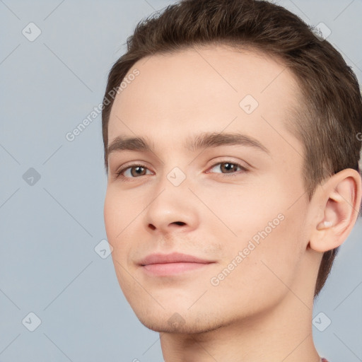 Neutral white young-adult male with short  brown hair and brown eyes