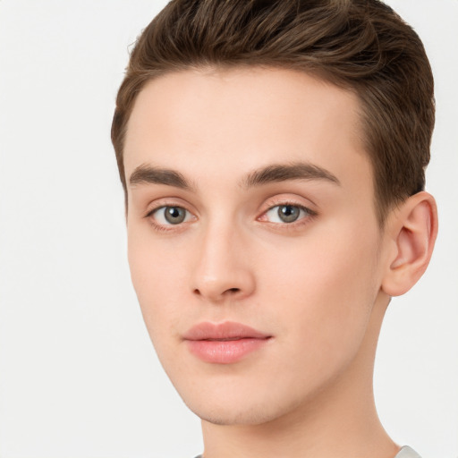 Neutral white young-adult male with short  brown hair and brown eyes