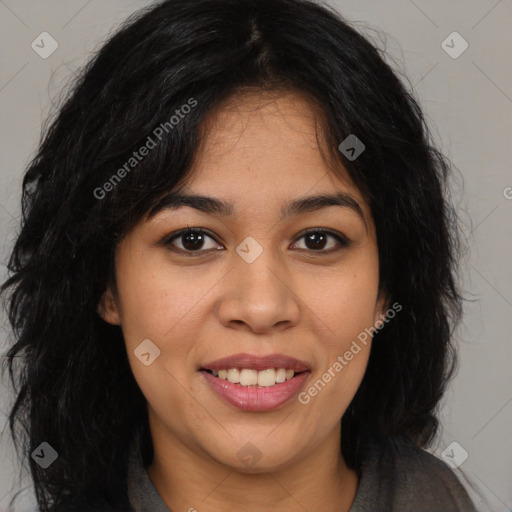 Joyful asian young-adult female with long  brown hair and brown eyes