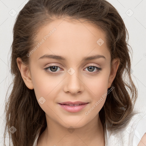 Joyful white child female with long  brown hair and brown eyes