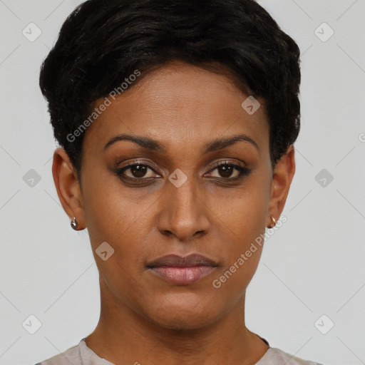 Neutral latino young-adult female with short  black hair and brown eyes