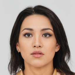 Neutral asian young-adult female with long  brown hair and brown eyes