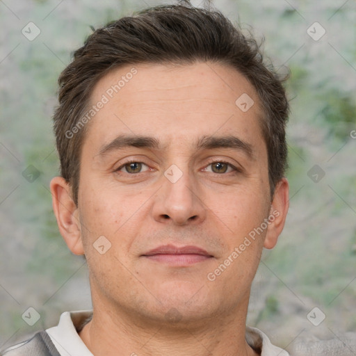 Neutral white adult male with short  brown hair and brown eyes