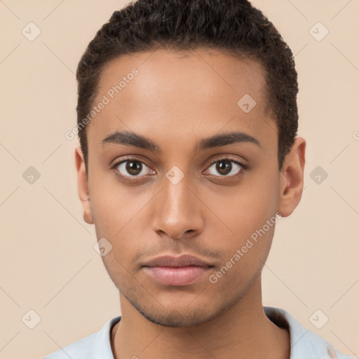 Neutral white young-adult male with short  brown hair and brown eyes